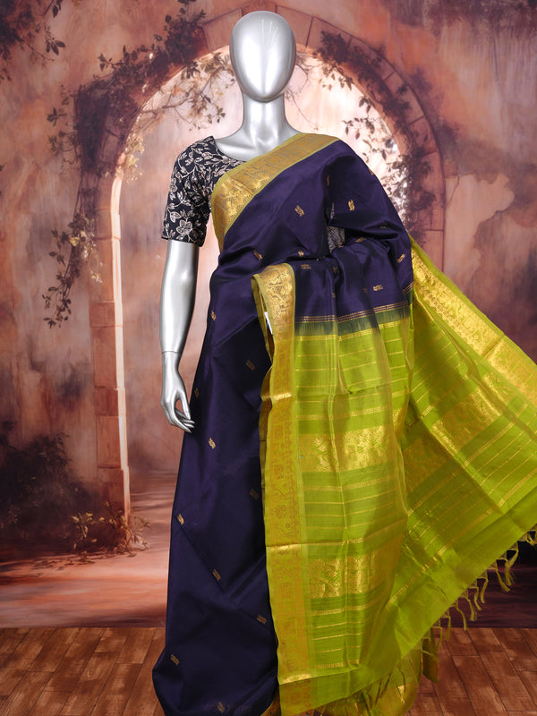 Elegant Royal Purple pure Silk cotton Saree with Lime Green Zari Border