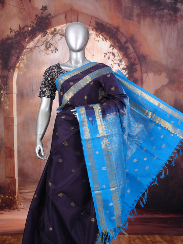 Elegant Deep Violet and Turquoise Blue pure Silk cotton Saree