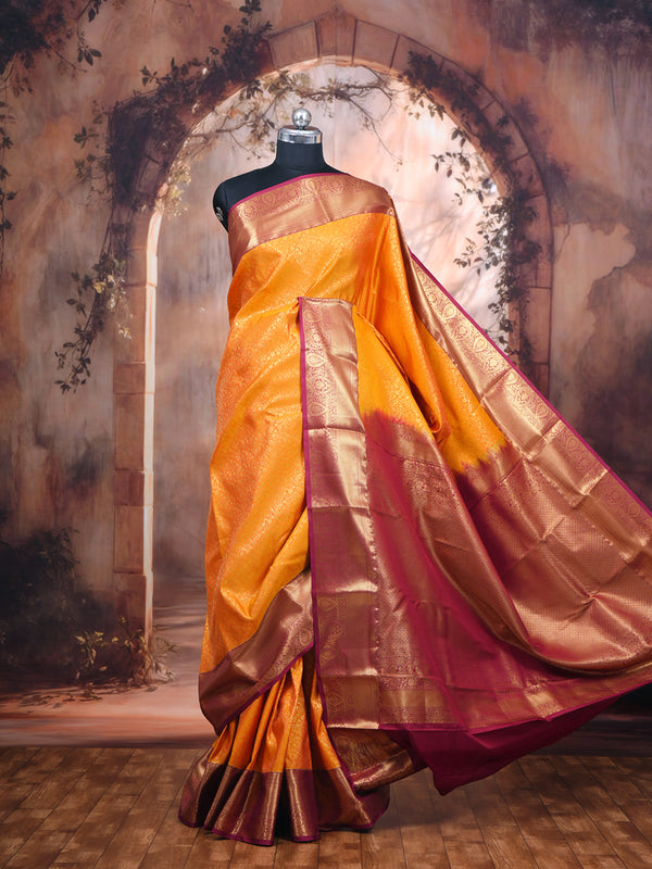 Vibrant Mustard and Maroon Kanchipuram Fancy Silk Saree