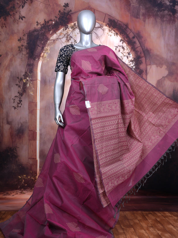 Wine and Rose Gold Silk Cotton Saree