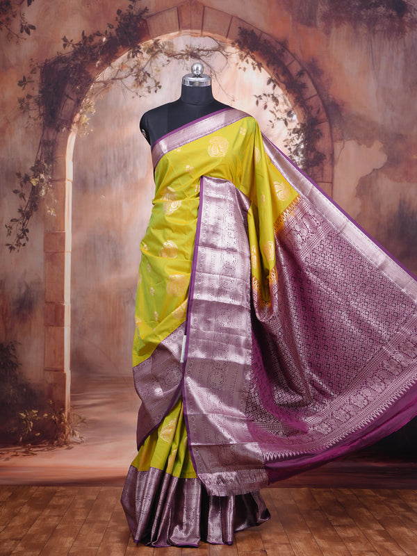 Lime Green with Purple Kanchipuram Fancy Silk Saree