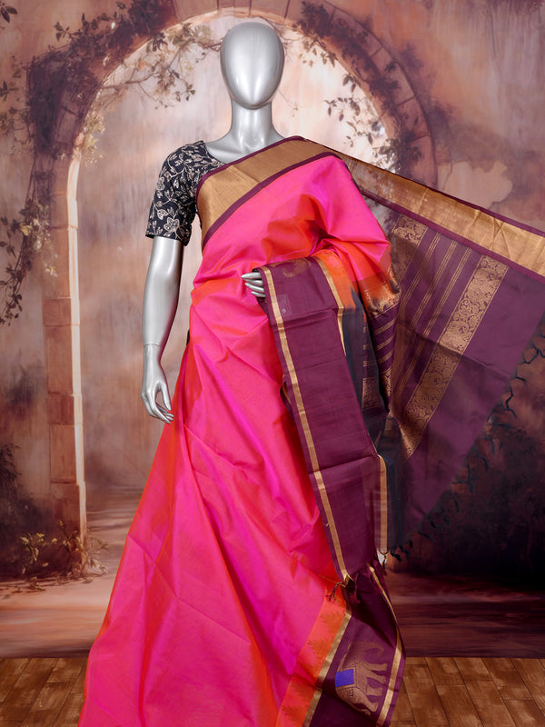 Exquisite Rani Pink and Deep Wine Handloom pure Silk cotton Saree