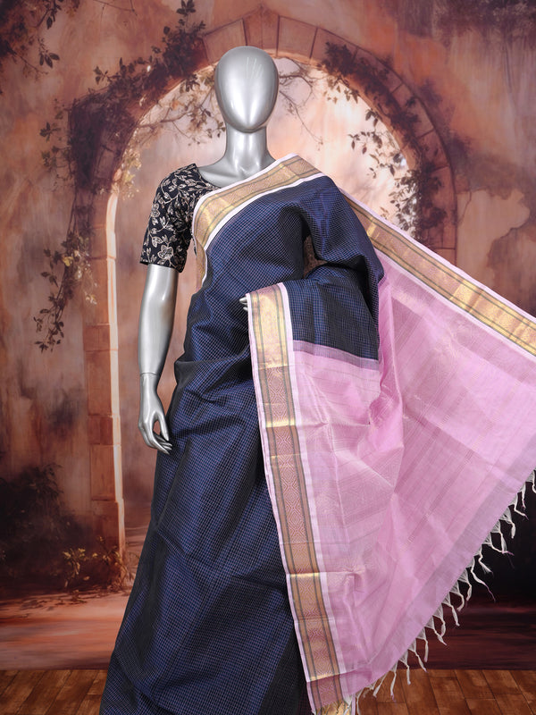 Elegant Navy Blue & Baby Pink Pure Silk Cotton Saree