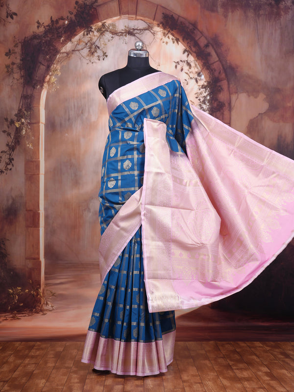 Peacock Blue and Baby Pink Kanchipuram Fancy Silk Saree