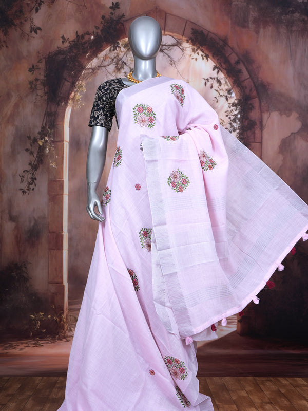 Baby Pink with Silver - Linen Cotton Saree