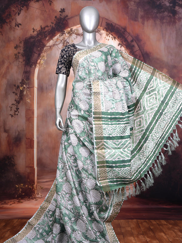 Sage Green and Cream with Forest Green Munthi Dola Silk Saree