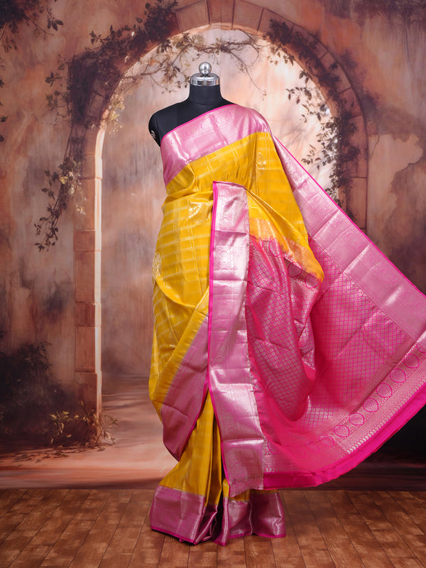 Mustard Yellow with Pink Kanchipuram Fancy Silk Saree