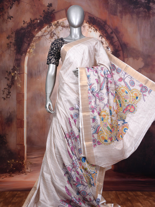 Off-White base with a vibrant multicolor Dola Silk Saree