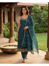 Teal Embroidered Art Silk Kurti Set with Dupatta