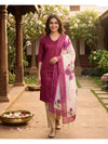 Magenta with Cream Floral Dupatta Ready Made Kurti Set
