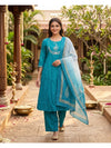 Teal Blue Embroidered Kurti Set with Ombre Dupatta