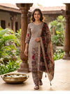 Beige Kalamkari Printed Kurti Set with Black Dupatta
