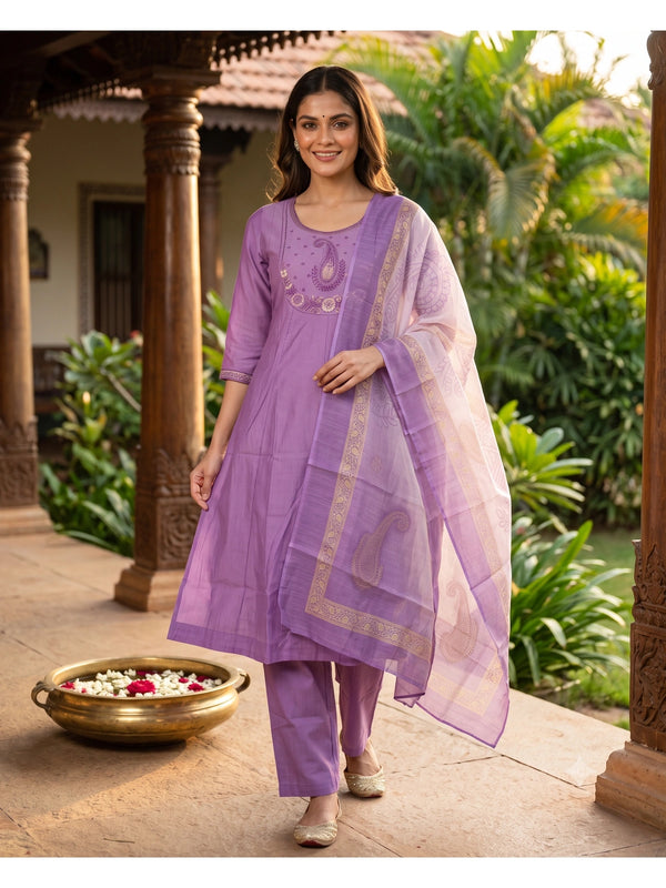 Lavender paisley embroidered kurti set with straight pants and gold border dupatta