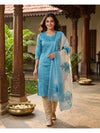 Sky Blue with Floral Cream Dupatta Ready Made Kurti Set