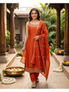 Orange Embroidered Silk Kurti Set with Dupatta