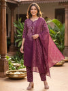 Wine Bandhani Print Cotton Kurti Set with Dupatta