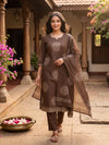 Brown Block Print Cotton Kurti Set with Dupatta