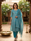 Teal Floral Printed Cotton Kurti Set with Dupatta