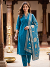 Teal Blue Zari Embroidered Kurti Set with Floral Dupatta