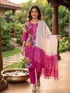 Magenta Floral Kurti Set with Ombre Ikat Dupatta
