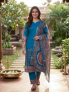 Teal Blue Kalamkari Print Kurti Set with Dupatta