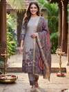 Grey Kalamkari Kurti Set with Peacock Motif Dupatta