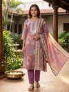 Mauve Floral Printed Cotton Kurti Set with Dupatta