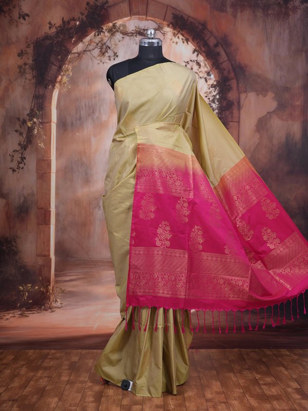 Beige-Gold with Rani Pink Semi Silk Saree
