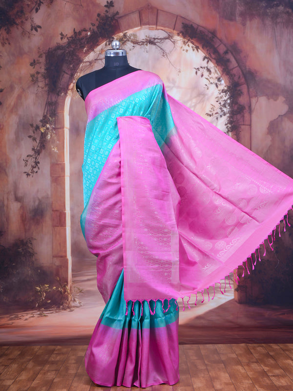 Aqua Blue and Pink Pure Soft Silk Saree
