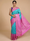 Aqua Blue and Pink Pure Soft Silk Saree