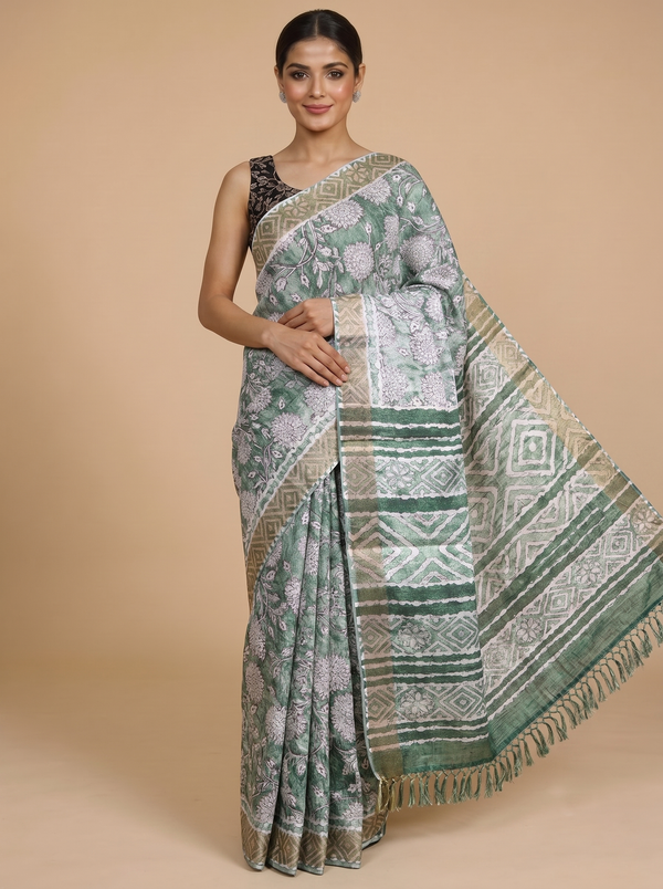 Sage Green and Cream with Forest Green Munthi Dola Silk Saree