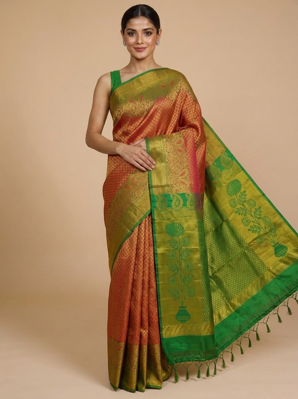 Crimson Pink and Parrot Green Kanchipuram Silk Saree