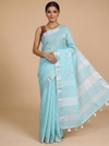 Sky Blue with Silver White Pallu - Linen Cotton Saree