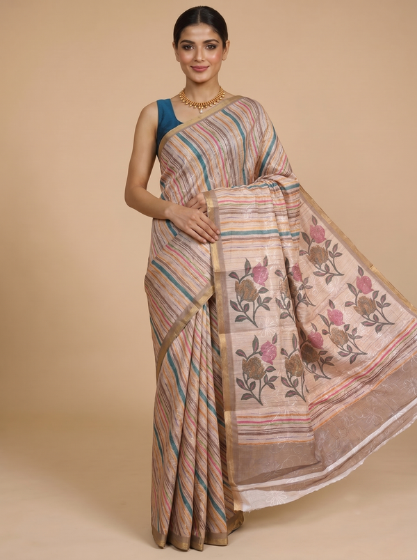 Beige and Multicolor Stripes with Floral Pallu - Linen Cotton Saree