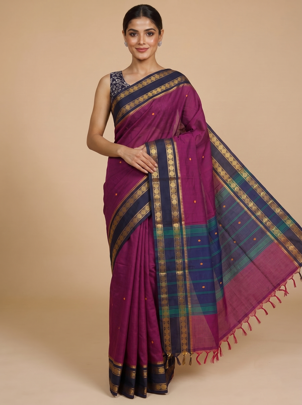 Magenta and Navy Blue Chettinad Cotton Saree