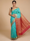 Aqua Blue and Crimson Red Silk Cotton Saree