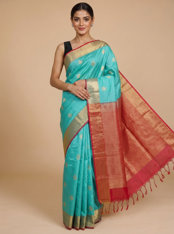 Aqua Blue and Crimson Red Silk Cotton Saree