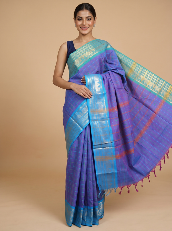 Dual-Tone Purple and Sky Blue Chettinad Cotton Saree