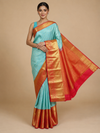 Enchanting Powder Blue and Vermilion Red Kanjivaram Silk Saree