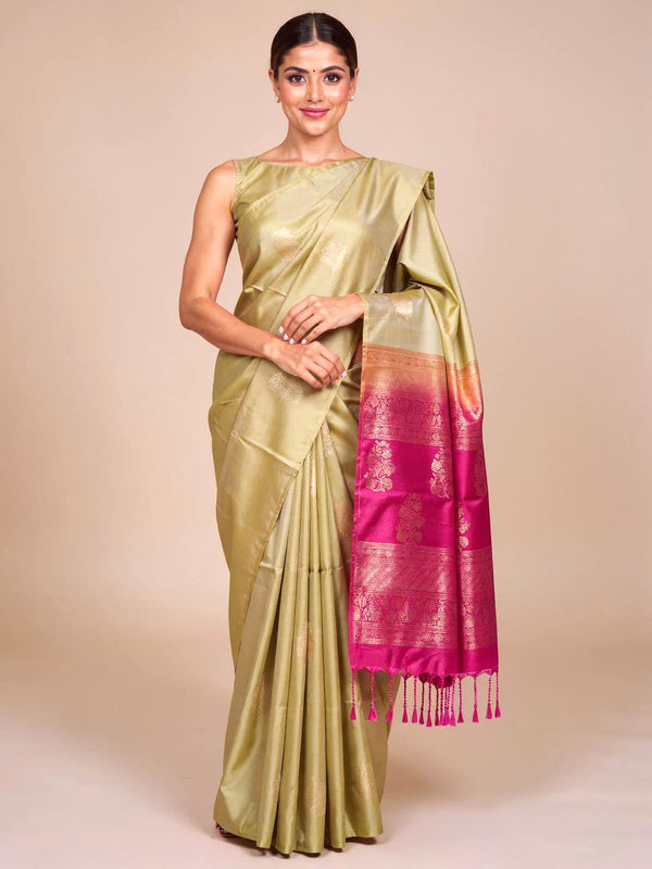 Beige-Gold with Rani Pink Semi Silk Saree