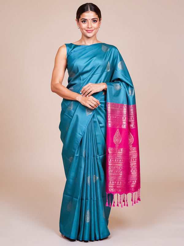 Peacock Blue With Pink Semi Silk Saree