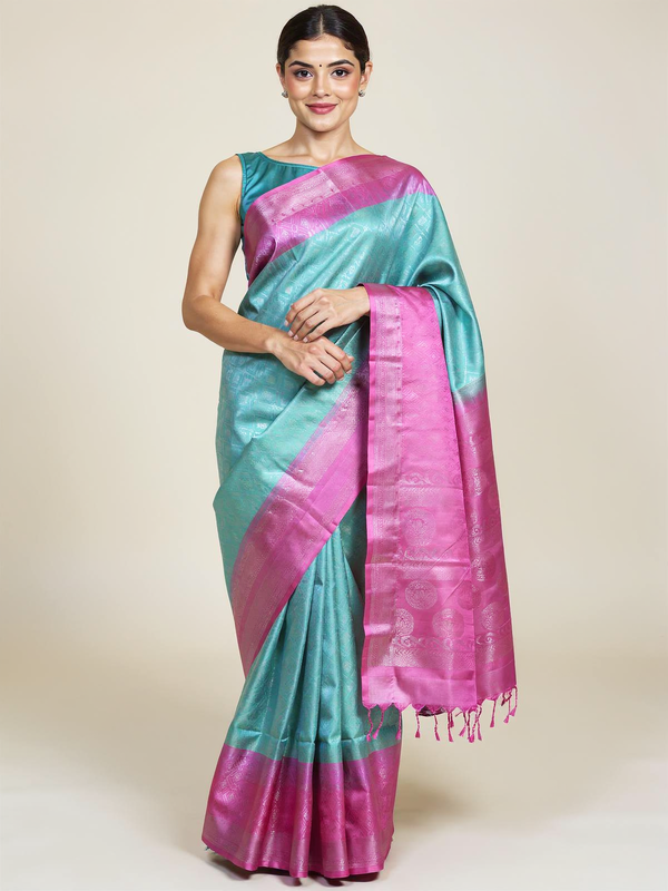 Turquoise Blue and Rani Pink Kanchipuram Pure Silk Saree