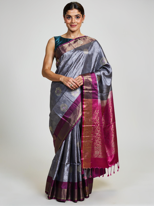 Luxury Grey and Pink Kanchipuram pure Silk Saree