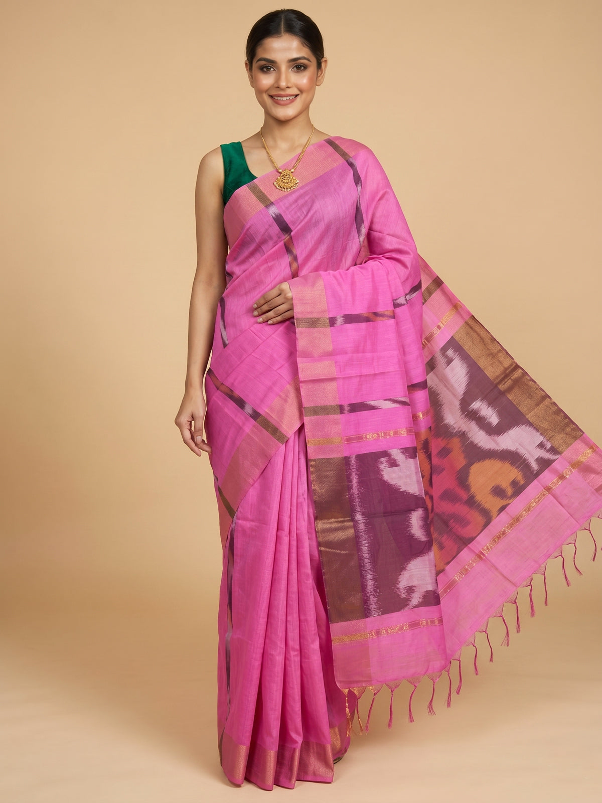 Pink with Dark Brown - Pochampalli Cotton Saree