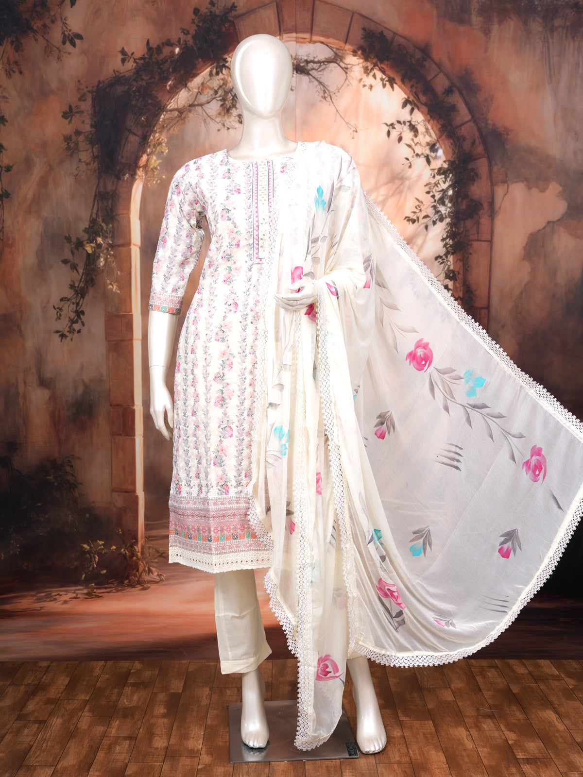 Off-White with Floral  Dupatta Ready Made Kurti Set