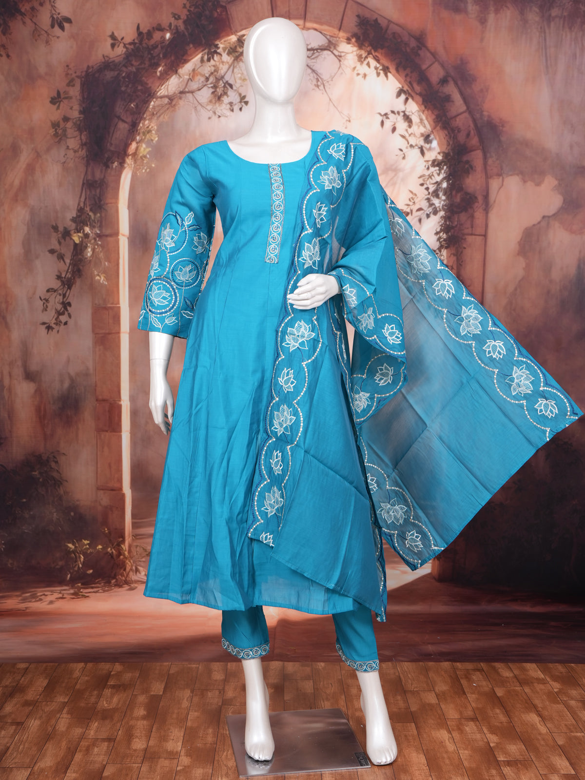Teal Blue with white thread Dupatta Ready Made Kurti Set