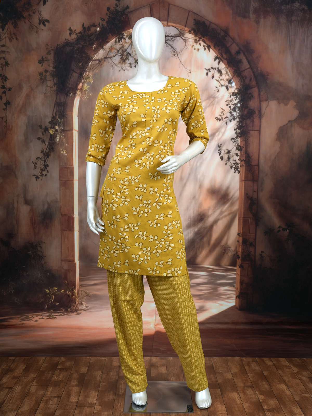Elegant Mustard Yellow Floral Print Cotton Kurti Set