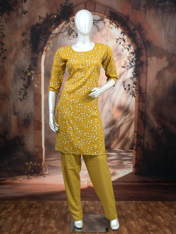 Elegant Mustard Yellow Floral Print Cotton Kurti Set