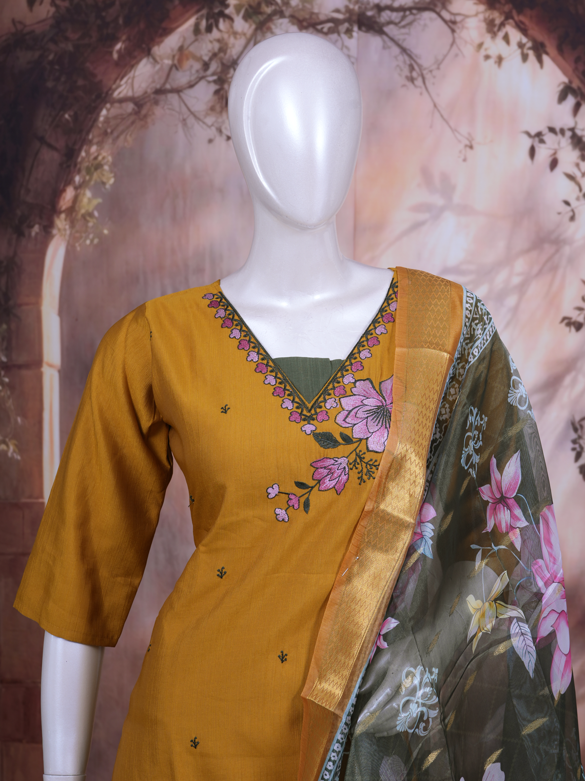 Mustard Yellow with Olive Green Dupatta Ready Made Kurti Set