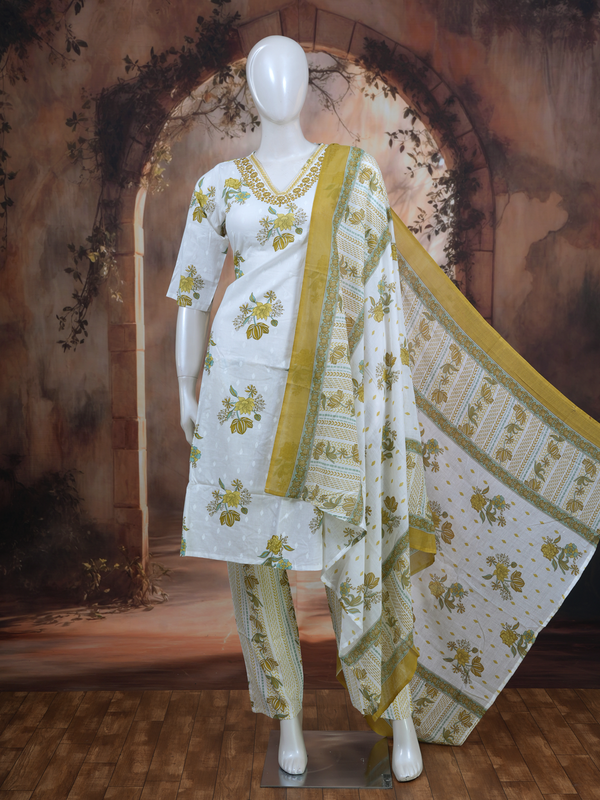 White and Olive Green Floral Print Anarkali Set